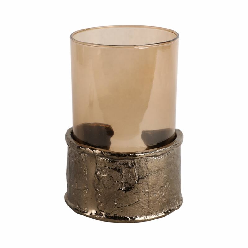 Candle Holder - Brown Glass with Metal Wraparound