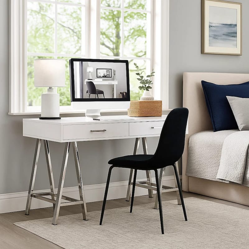 Writing Desk with MDF 2 Drawers and Metal Legs, White and Chrome
