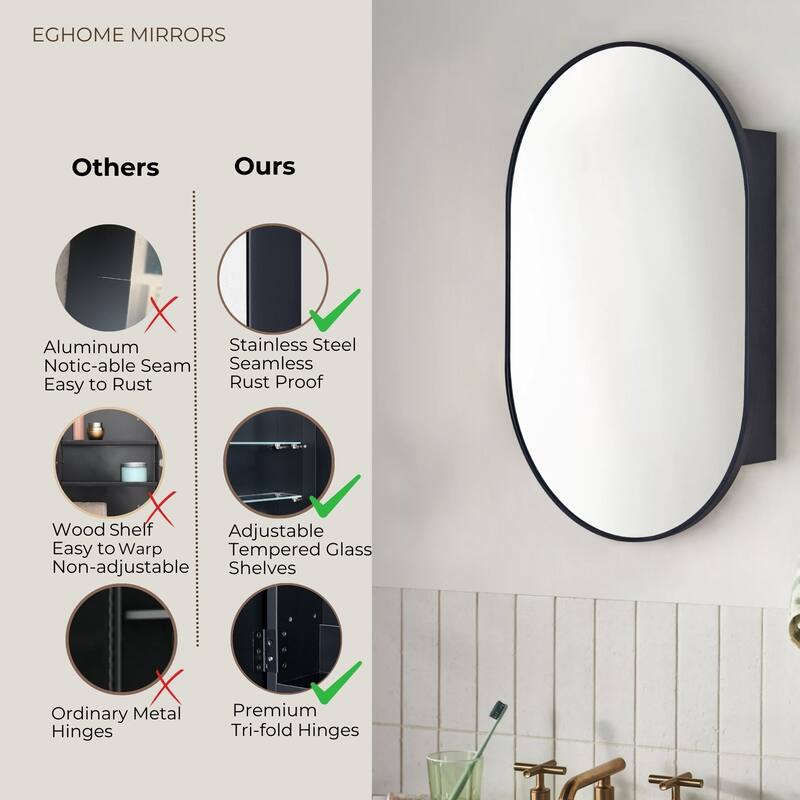 Surface Mount Black Pill Bathroom Medicine Cabinet with Mirror and adjustable shelves - 20" x 30"