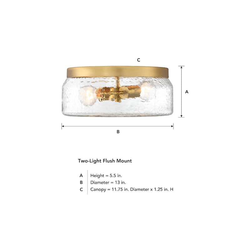 Rose Marie 13 in. 2-Light Brushed Gold Mid-Century Modern Semi Flush Mount with Clear Rippled Glass Shade for Bedrooms