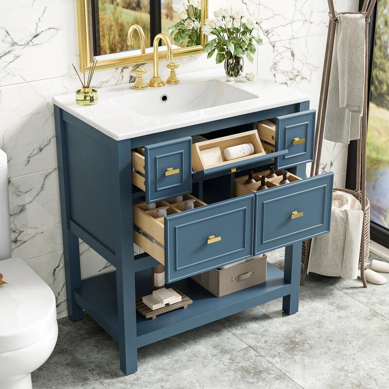 Bathroom Vanity with Ceramic Sink, Bathroom Storage Cabinet with 5 Drawers, Bathroom Vanity Set with Open Shelf - Blue