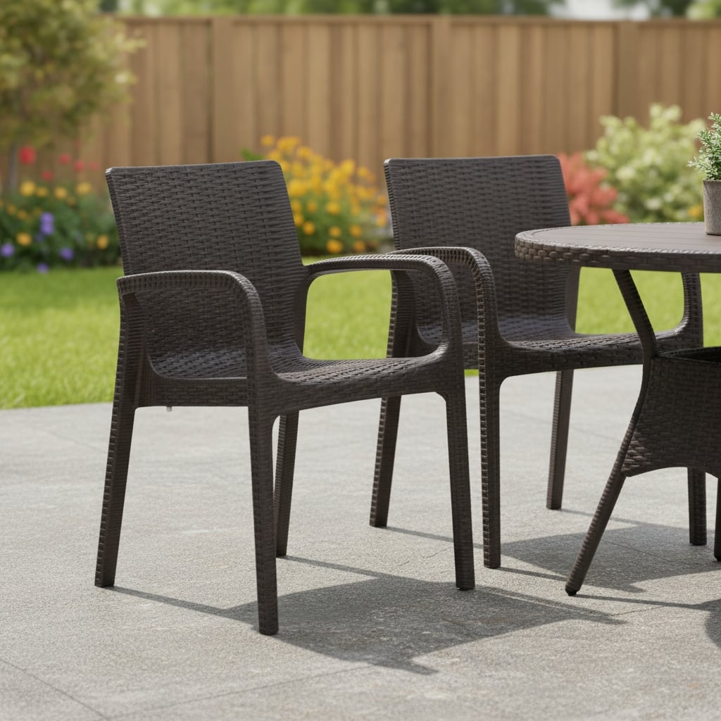 HomeRoots Set of Two Brown Faux Rattan Heavy Duty Plastic Outdoor Stacking Arm Chairs