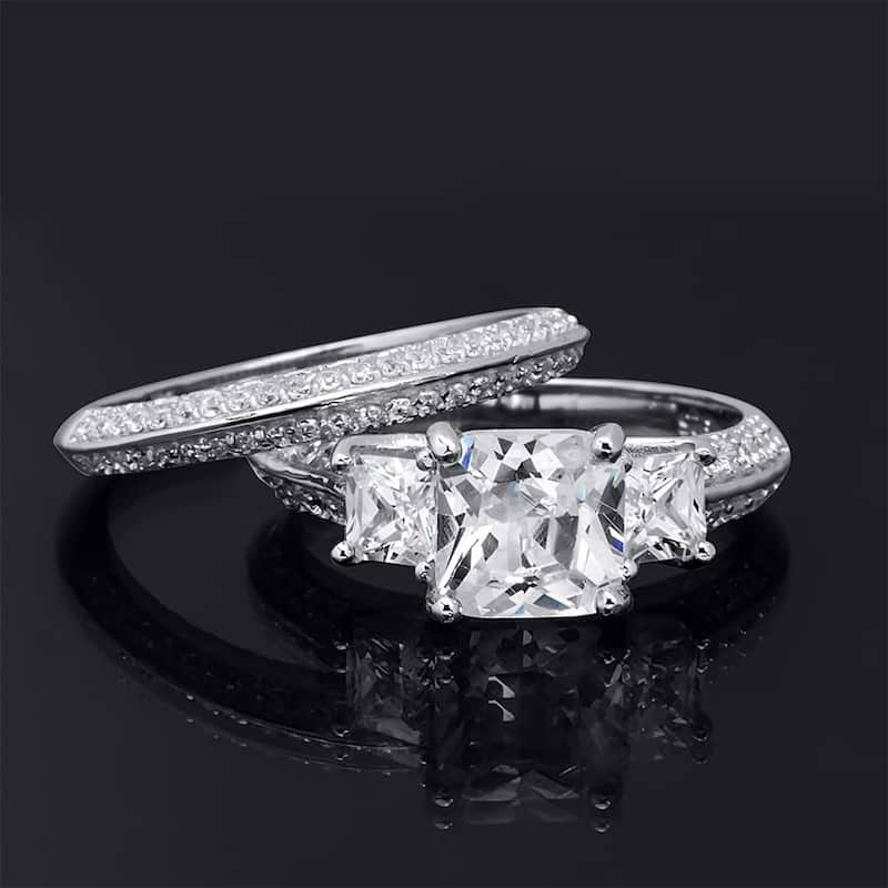 3.0 Carat Princess Cut Wedding Band Engagement Ring Set Bridal Silver