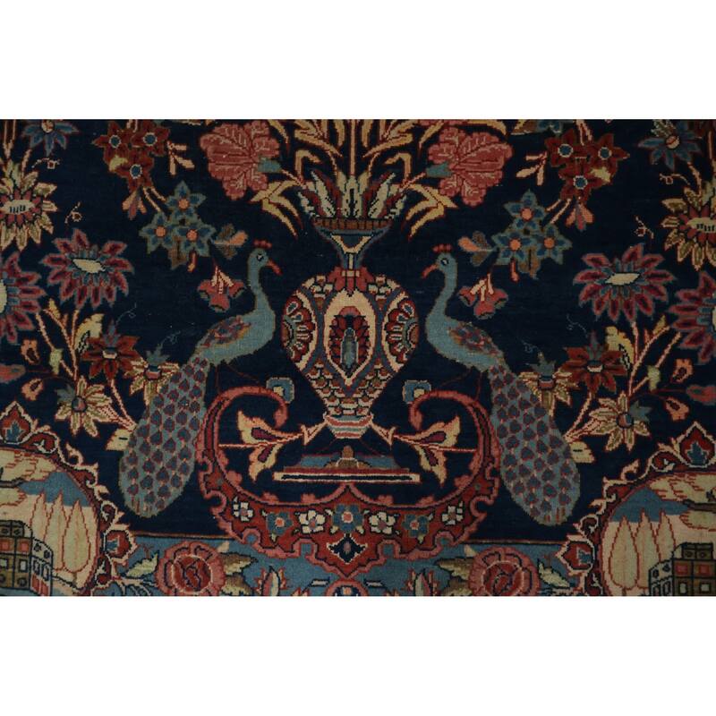 Hand Knotted Oriental 100% Wool Carpet Traditional Floral Navy Blue & Blues Kashan (Dabir) Area Rug - 7' 1'' X 4' 2''