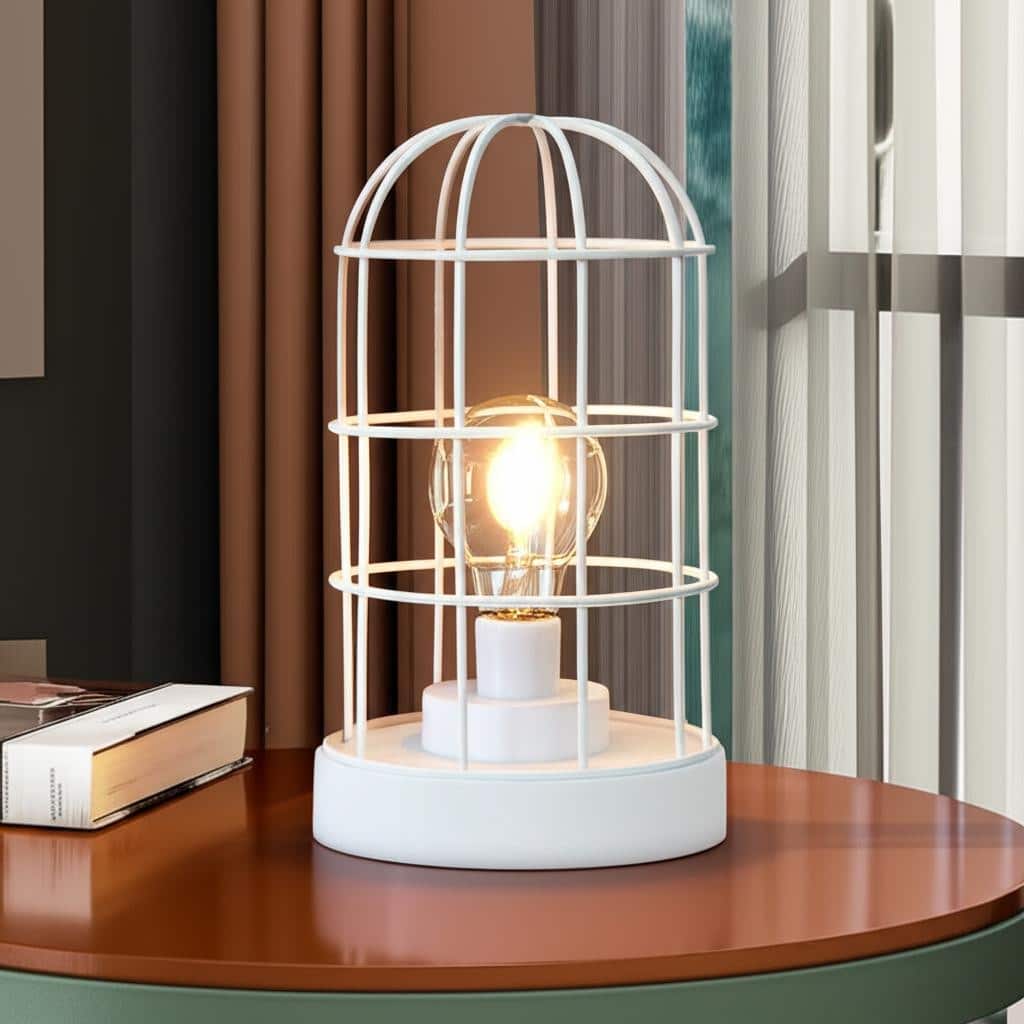 HomeRoots 10" White Battery Operated Lamp With Cage Cylinder Shade - 5.50 in. x 10.00 in. x 5.50 in.