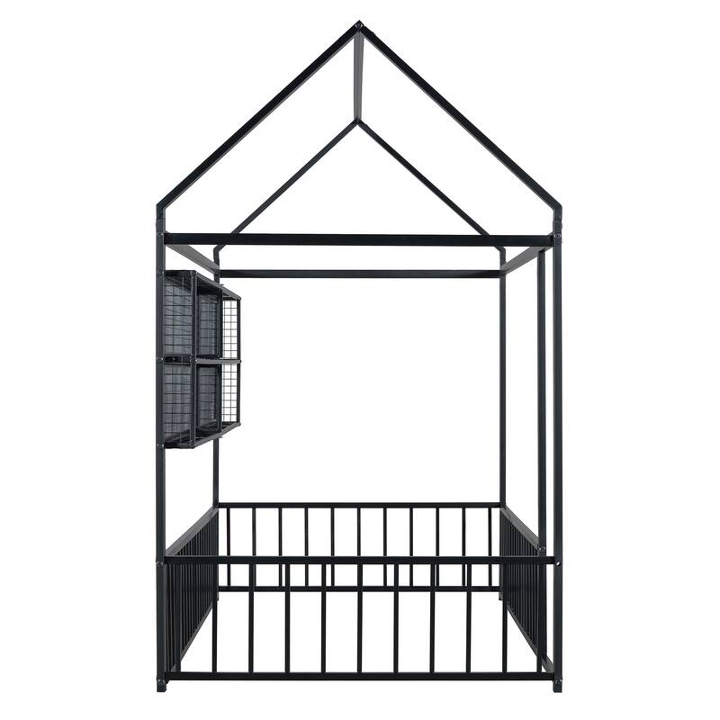 Full Size Metal House Bed Frame with Built-In Grid Shelves, Playful Canopy Design and Space-Saving Storage