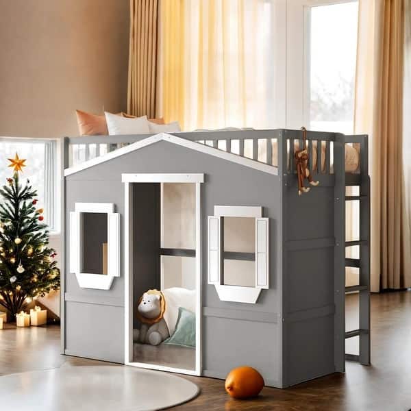 slide 2 of 16, Elegant Design Twin Size Wood House Loft Bed With Ladder,Modern Multi-Functional Children's Bed Gray+White Frame