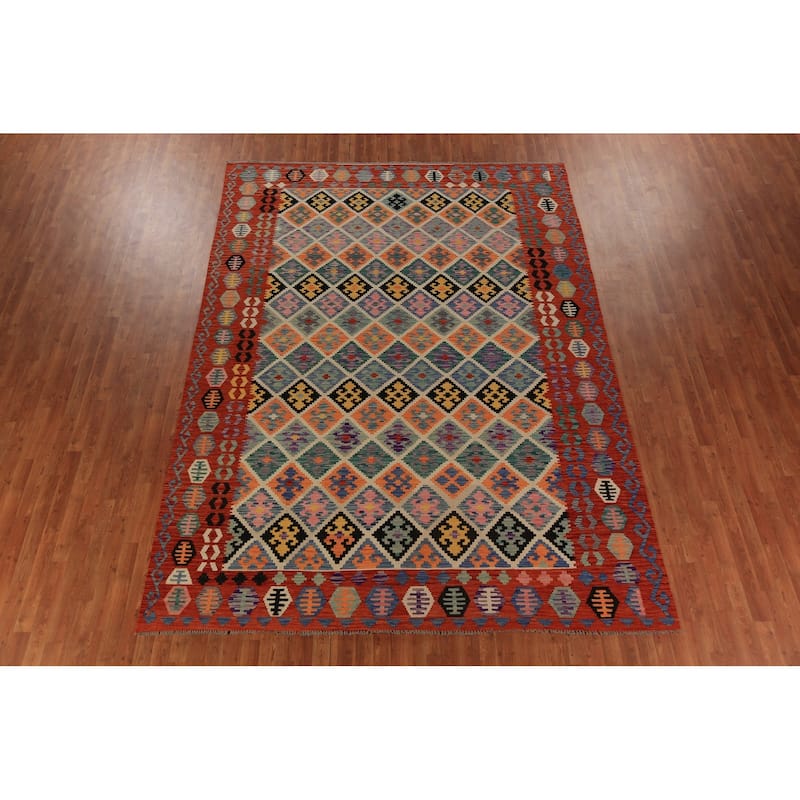All-Over Trellis Kilim Oriental Area Rug Flatweave Wool Carpet - 8'6"x 11'9"