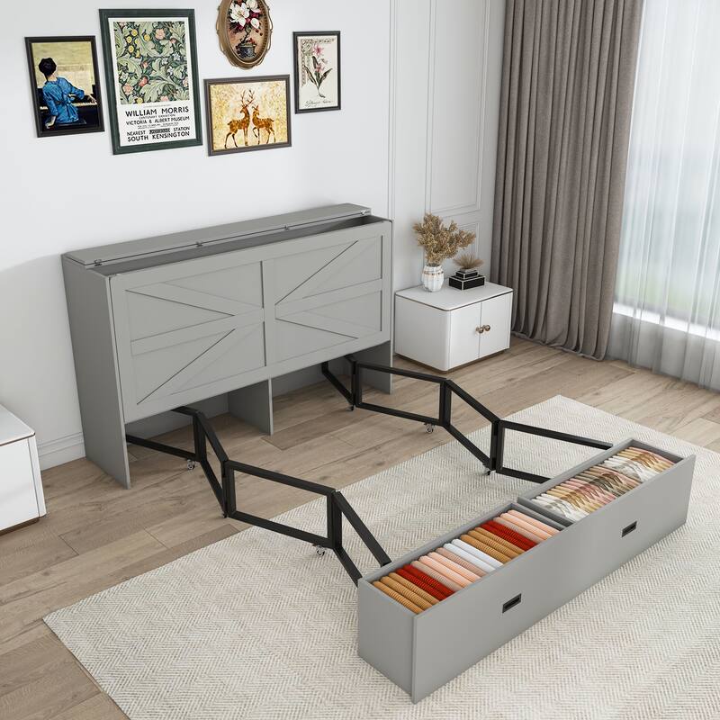 57" Murphy Bed with Storage Drawers & Charging Cabinet - Folding, Wheeled & Noise-Free for Guest Room, Living Room, Office