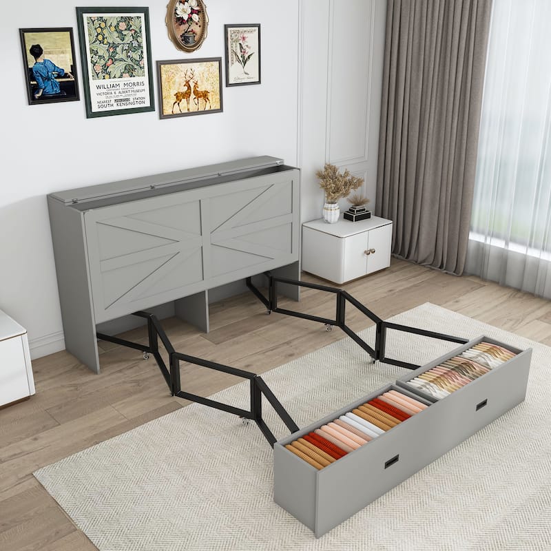 Hidden Folding Murphy Bed with Storage Drawers/Charging Station/Foldable Mattress/Full Size Mobile Cabinet Bed Frame/Noise-free