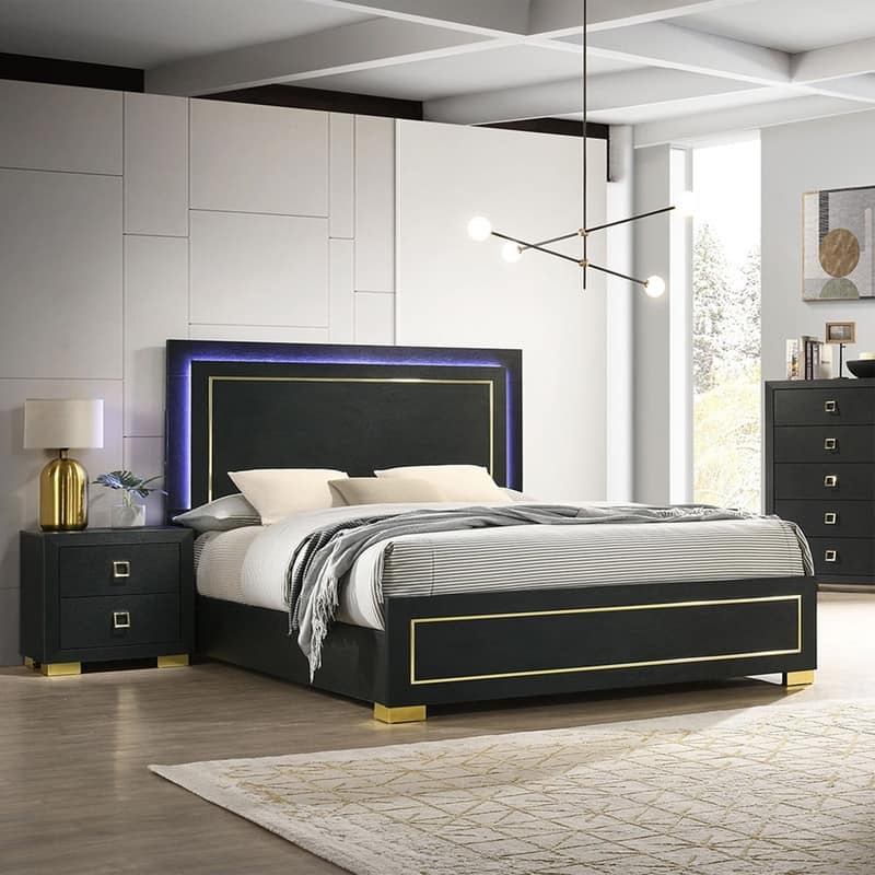 3-Piece Bedroom Sets Queen Size Platform Bed w Nightstands Antique Walnut/Rustic Gray/Black Gold - 3 Piece - Black - Queen