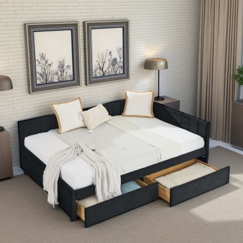 Full Size Velvet Upholstered Daybed with Tufted Backrest, Armrests & 2 Storage Drawers, Comfortable Sofa Bed Frame Design