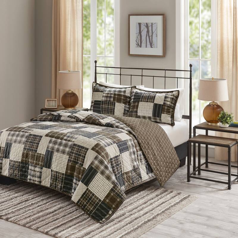 3 Piece Reversible Printed Quilt Set Black/Brown King/Cal King - Black+Brown