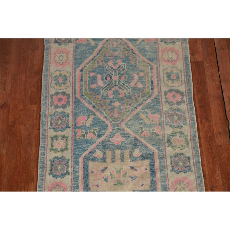 Hand Knotted Oriental 100% Wool Carpet Transitional Geometric Navy Blue & Blues Oushak Runner Rug - 11' 9'' X 3' 3''