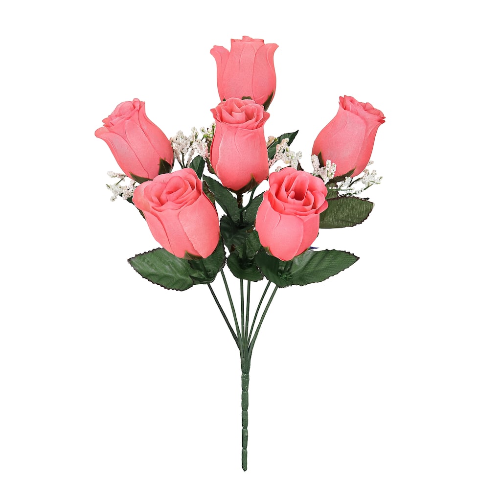 Set of 12 Coral Artificial Rose Bud Flower Stem Bush Bouquet 14in - 14" L x 6" W x 6" DP