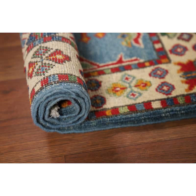 Light Blue Geometric Kazak Foyer Rug Handmade Wool Carpet - 2'0" x 3'0"