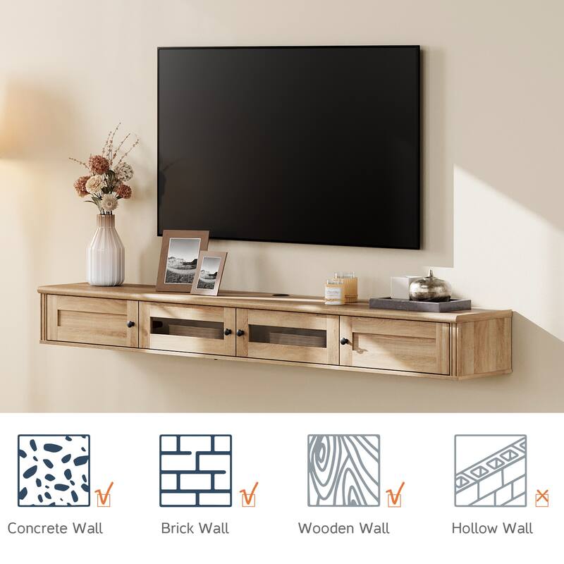 WAMPAT Floating TV Stand for TVs up to 80 Inches, Wall-Mounted Wooden TV Shelf with Built-in Charging Station