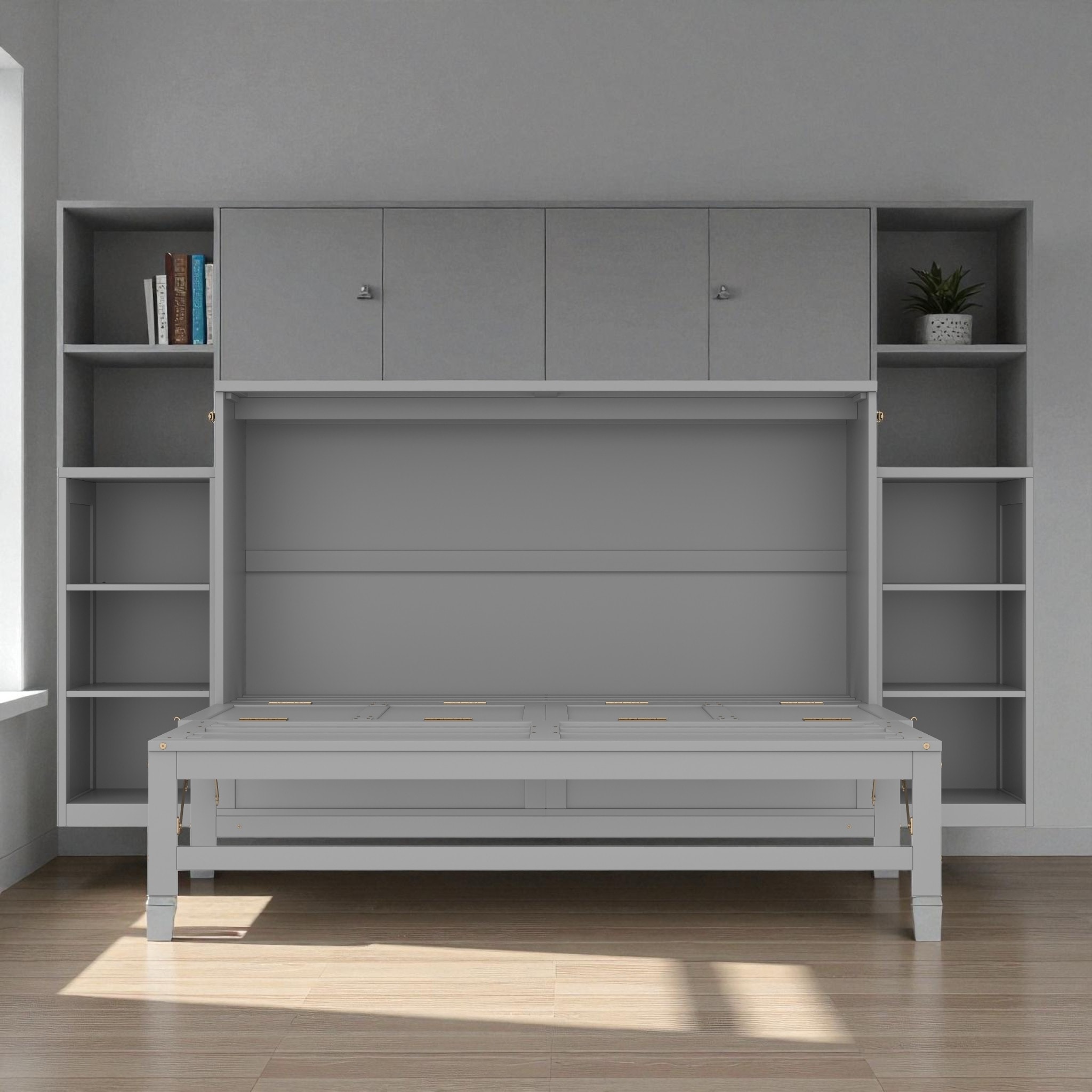 Full/Queen Size Murphy Bed with Storage Drawers and Shelves, Space-Saving Foldable Wall Bed for Guest Room