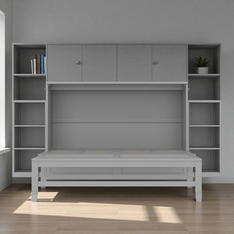 Full/Queen Size Murphy Bed with Storage Drawers and Shelves, Space-Saving Foldable Wall Bed for Guest Room - Light Grey - Queen