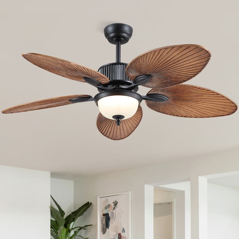 Kviflon 50 Inch Tropical Ceiling Fan with Palm Leaf Blades Glass Cover Remote Waterproof for Farmhouse Living Room Patio Bedroom