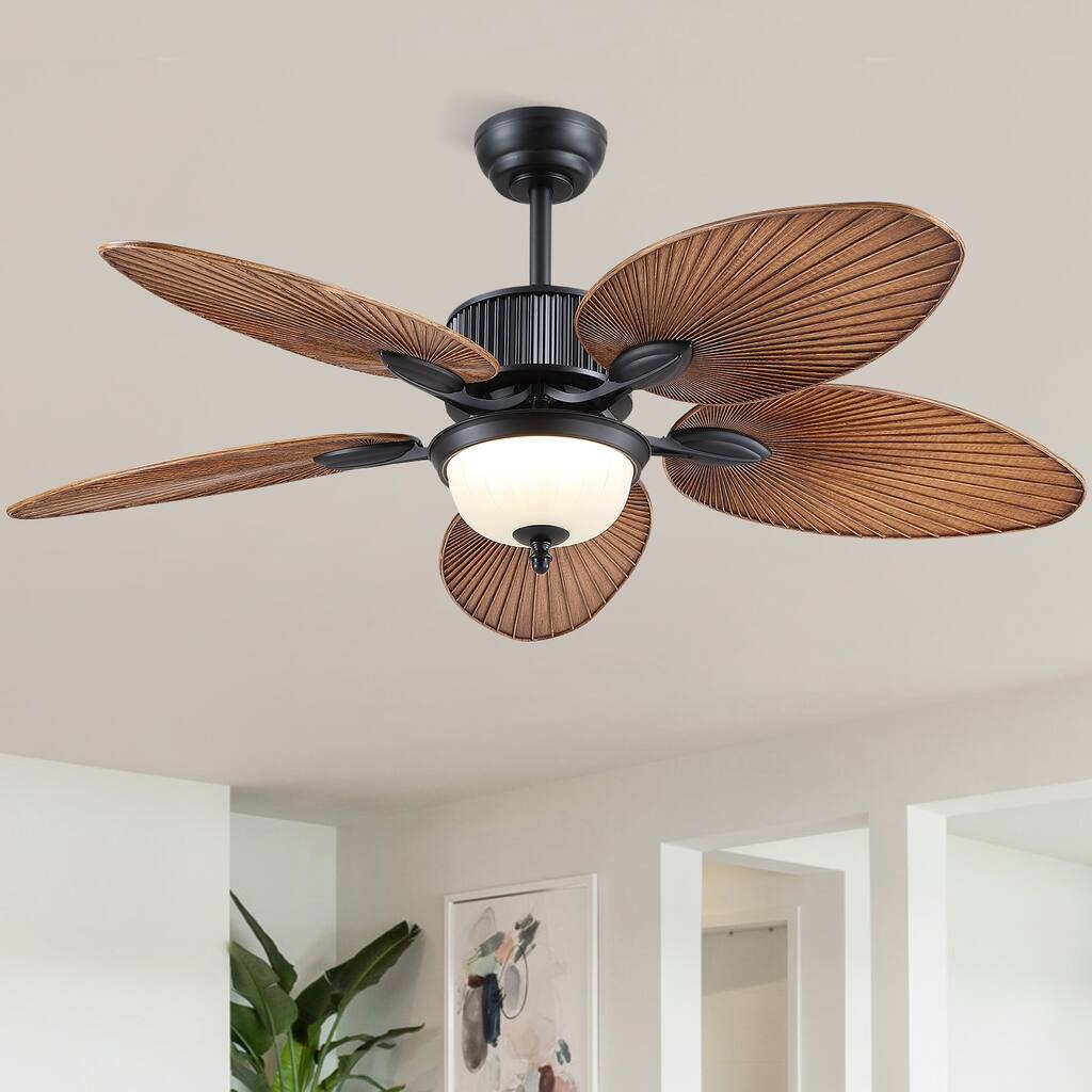 Kviflon 50 Inch Tropical Ceiling Fan with Palm Leaf Blades Glass Cover Remote Waterproof for Farmhouse Living Room Patio Bedroom