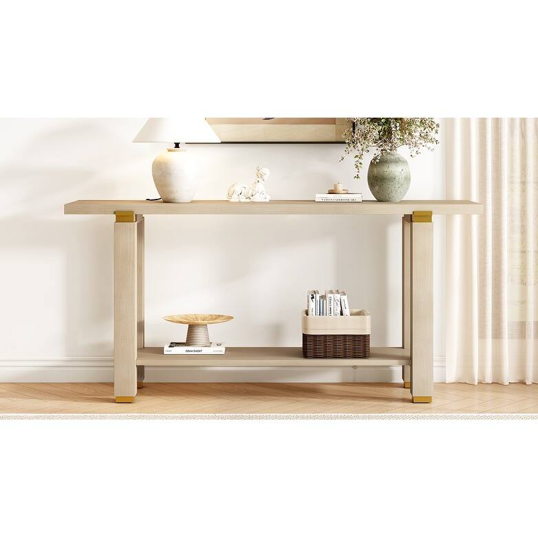 63" Modern Console Table - Solid Wood Entryway Table with Metal Accents & Built-in Shelf