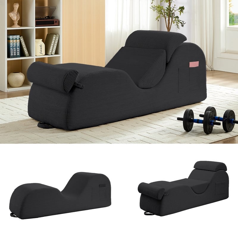 Mixoy Corduroy Yoga Chaise Lounge Chair,Curved Yoga Sofa with Movable Headrest/Waist Cushion/Footrest,Non-Slip Bottom