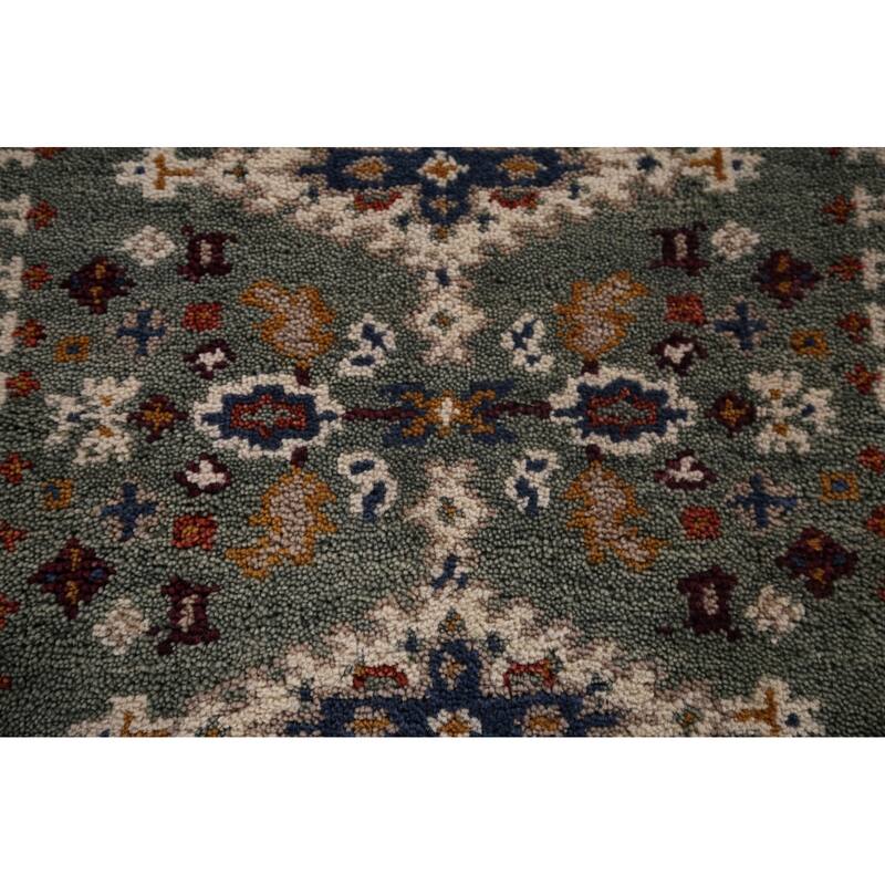 Green Geometric Viss Oriental Runner Rug Handmade Wool Carpet - 2'6"x 8'1"