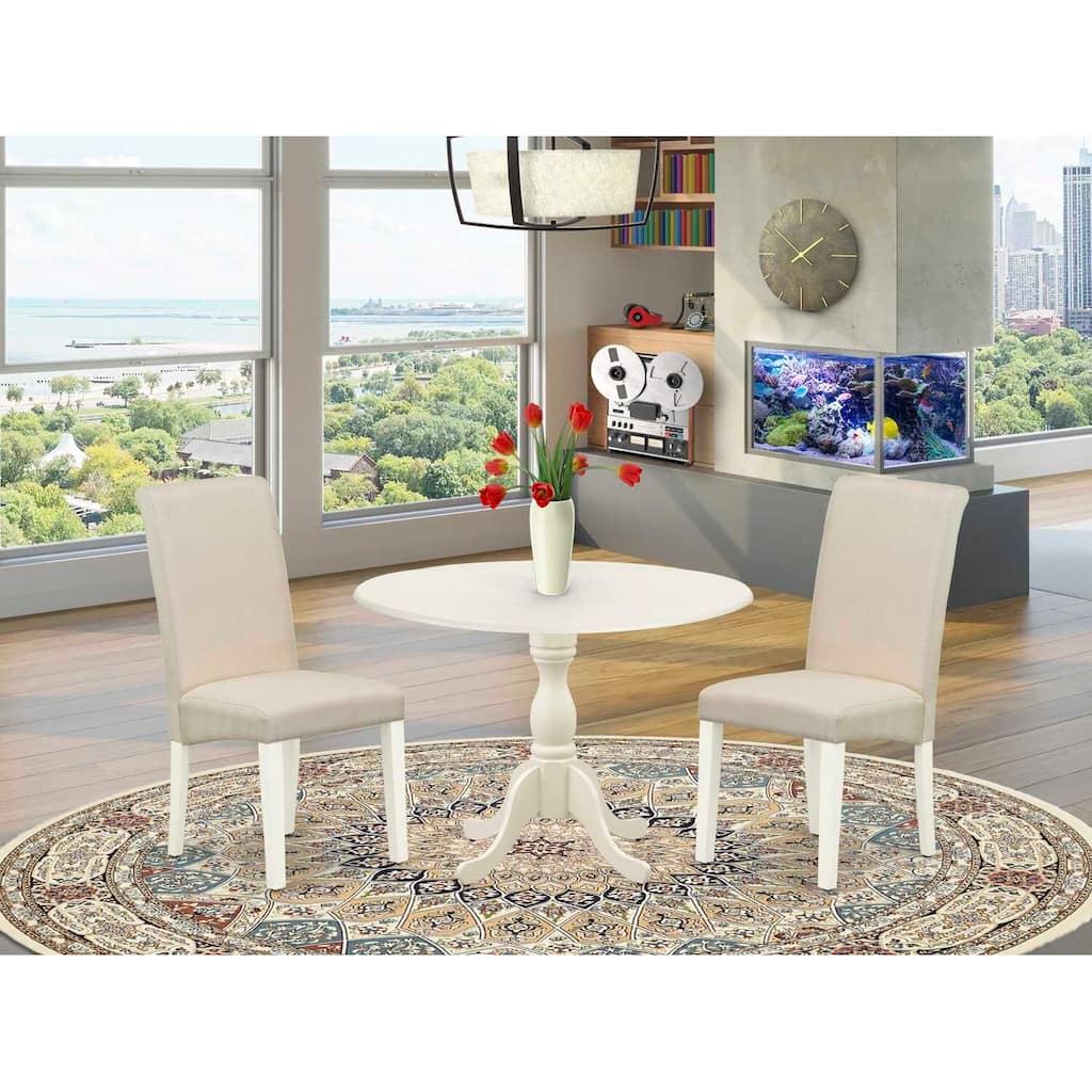 3-Piece Linen White Finish Solid Wood Top - Upholstered Dining Room Set - Seats 4