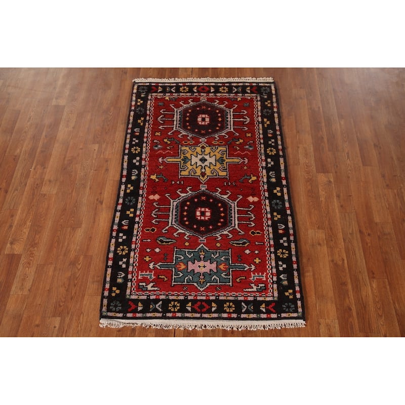 Geometric Kazak Indian Area Rug Hand-knotted Wool Carpet - 2'11"x 5'0"