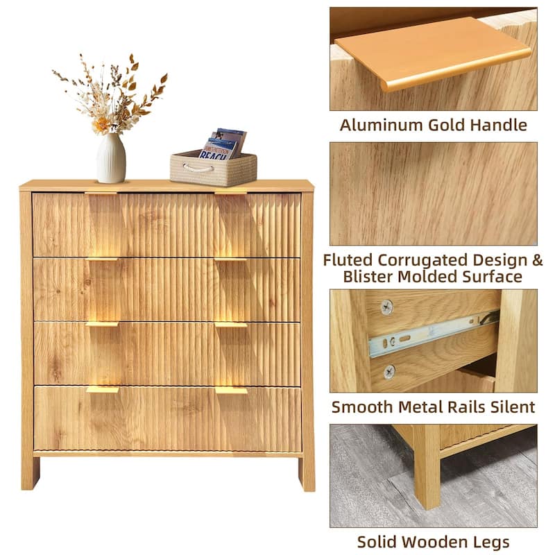 4 Drawer Fluted Dresser for Bedroom, Modern Wood Chest with Gold Handles, Narrow Storage Cabinet or TV Stand