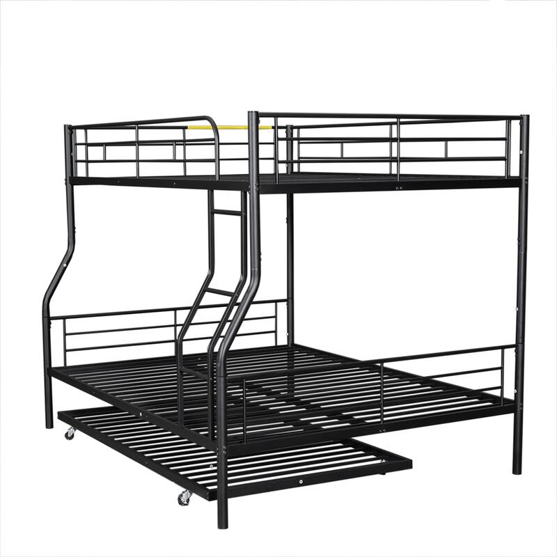 Metal Bunk Bed with Trundle and Guardrail, Convertible to Two Beds