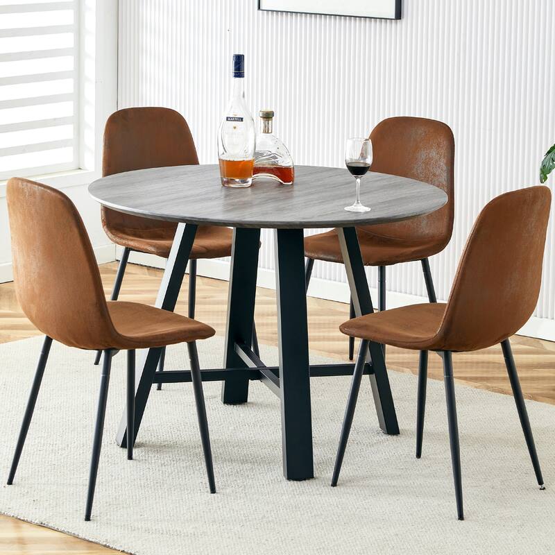 42" Round Minimalist Dining Table Set for 4, Wood Grain Dinner Table with 4 Techno-Fabric Chairs and Metal Legs