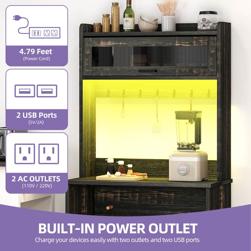 Moasis Farmhouse Kitchen Baker's Rack with Storage Shelves and Sliding Door & Power Outlets
