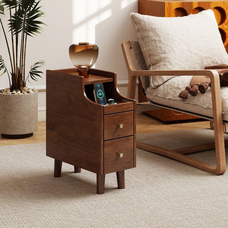 Gymax Solid Wood End Table w/ Pull-out Tray & 2 Storage Drawers Cable