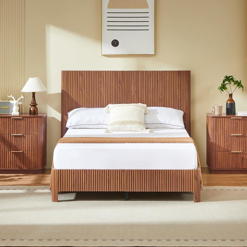 Low Profile Platform Bed, Wooden Corrugated Curved Lines Headboard Wingback Bed, Metal Slat Support Bed Frame - Walnut - Full