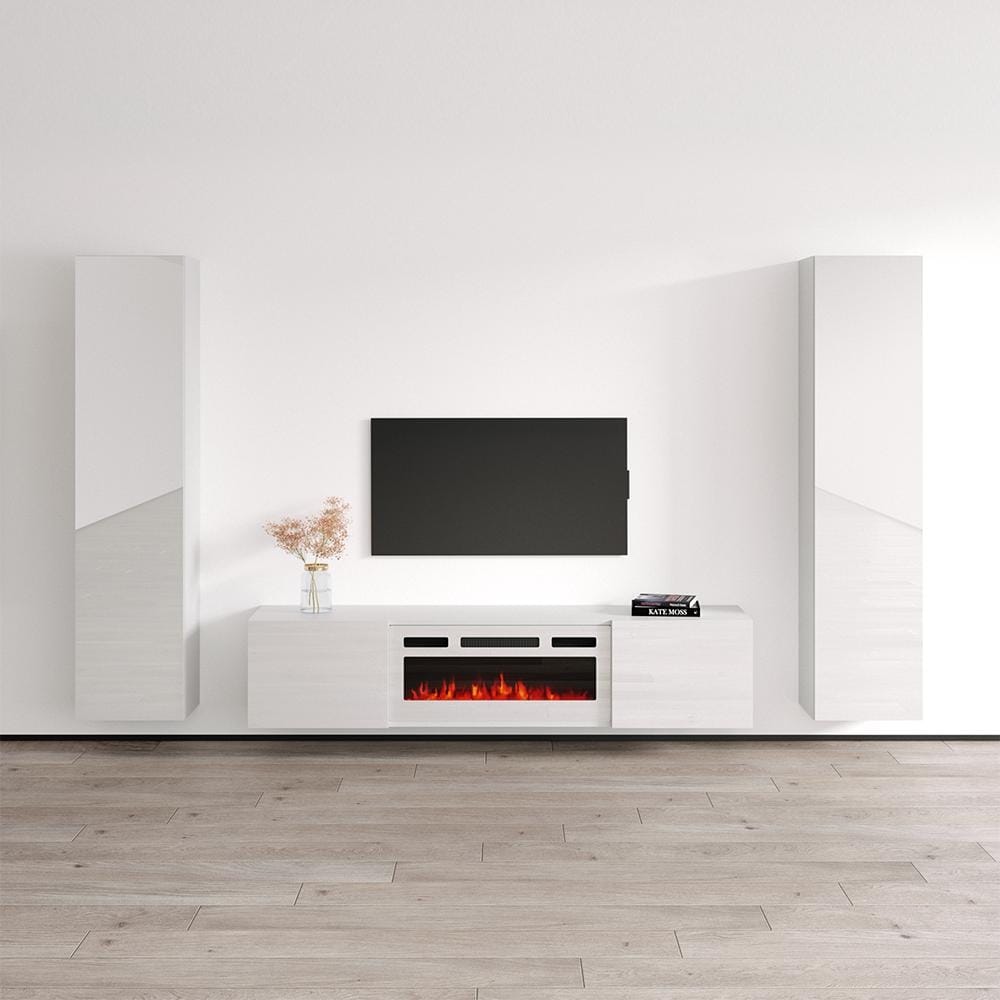 Meble Furniture Cali WH-EF Floating Fireplace Ent Center with Electric Insert for up to 80" TVs 103.6"W x 66.9"H x 13.6"D