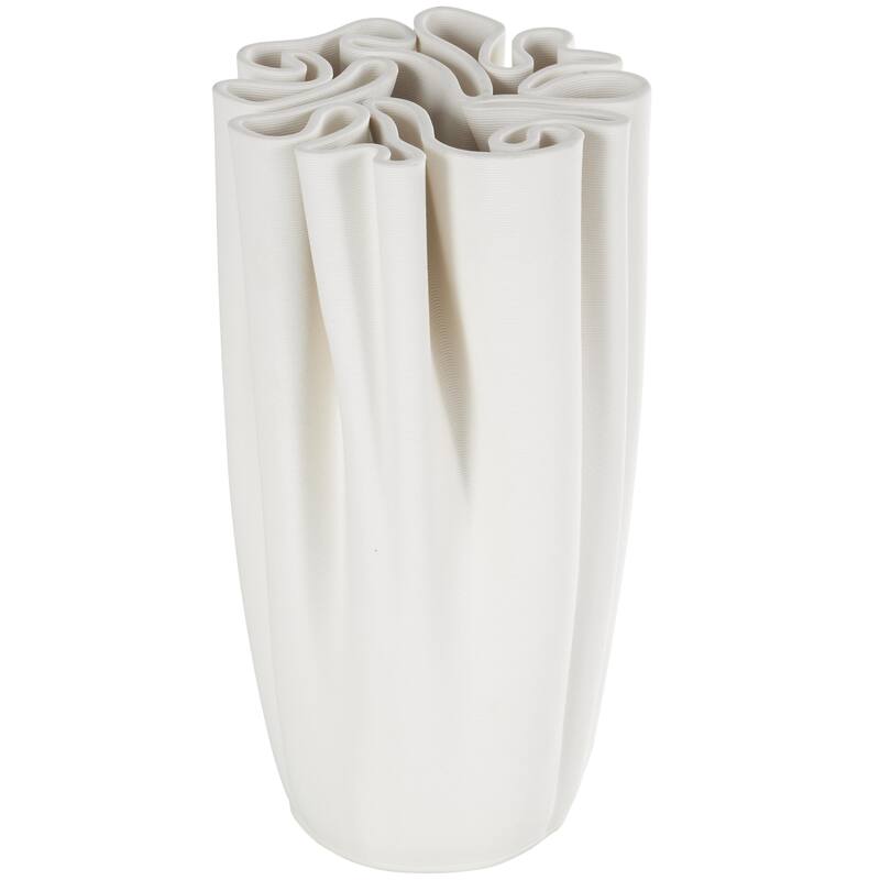 Ceramic Abstract Ribbed Dimensional Folded Decorative Vase with Compact Wavy Rim - White - Roche River Decor - White - 5"W, 10"H