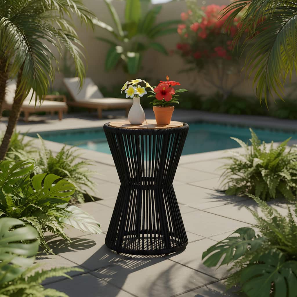 Roomfitters 25.8" Outdoor Side Table Modern Woven Rope Hourglass Patio Accent Table with Teak Wood Finish Top