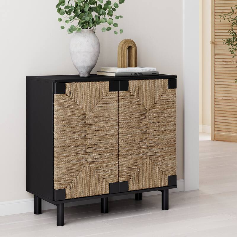 Nathan James Beacon Wood Accent Cabinet with Seagrass Doors and Adjustable Shelf - Black