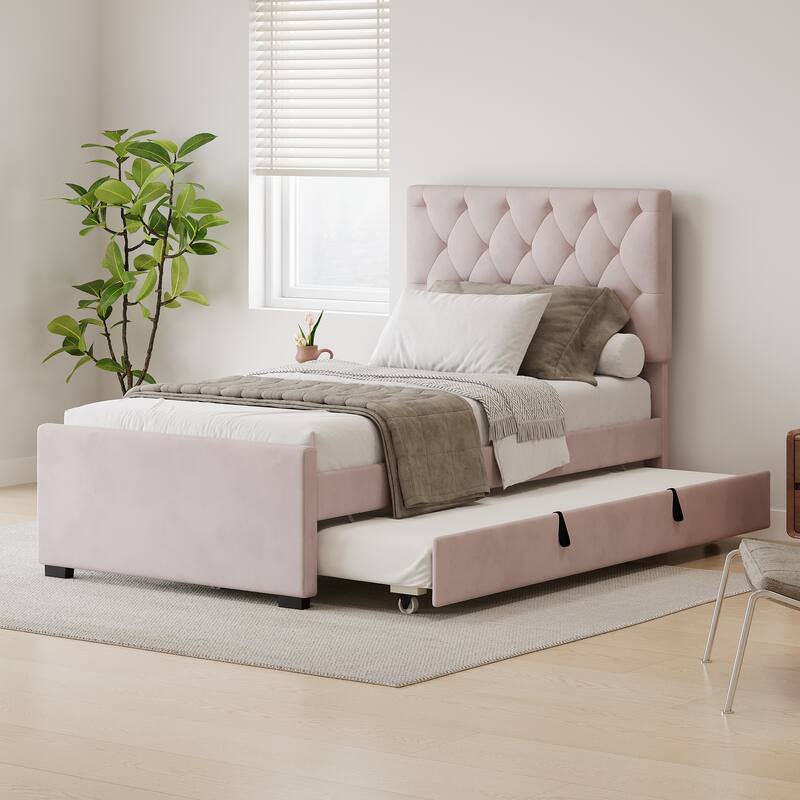 Twin Size Velvet Fabric Upholstered Platform Bed with Trundle and Adjustable Button Tufted Headboard, No Box Spring Needed