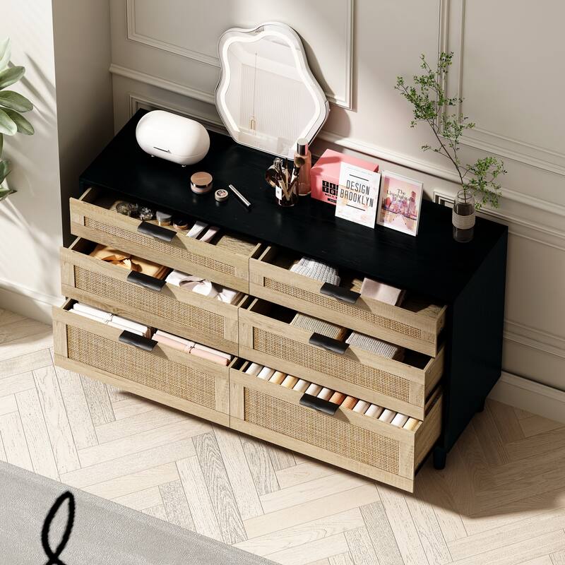 Mid-Century Modern Rattan Dresser, 6-Drawer Wicker Bedroom Dresser, Storage Cabinet with Metal Handles & Wood Legs