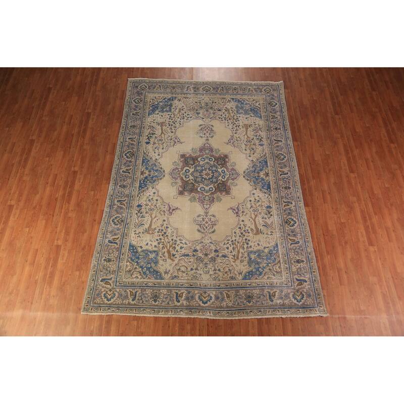 Geometric Tabriz Persian Area Rug Handmade Beige Wool Carpet - 7'8"x 11'3"