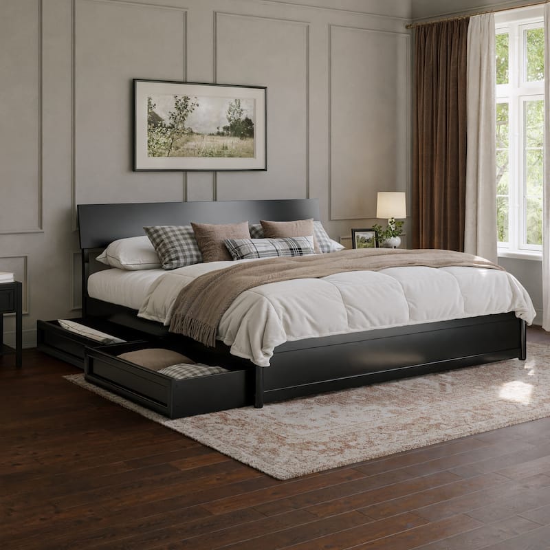Norla Wood Platform Bed with Storage Drawers - King - Black
