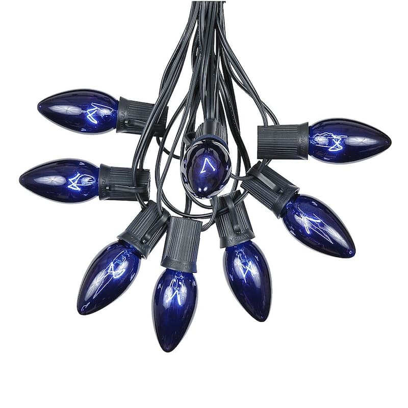 25 Foot C9 Christmas Light Set, Hanging Patio String Lights, Black Wire - Blue