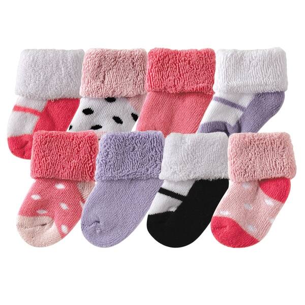 slide 1 of 1, Luvable Friends Baby Girl Newborn and Baby Terry Socks, Pink Black Pink Black - 0-6 Months
