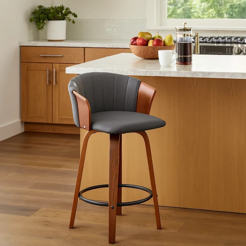 Oja 26 Inch Swivel Counter Stool Chair, Gray Faux Leather, Walnut Brown