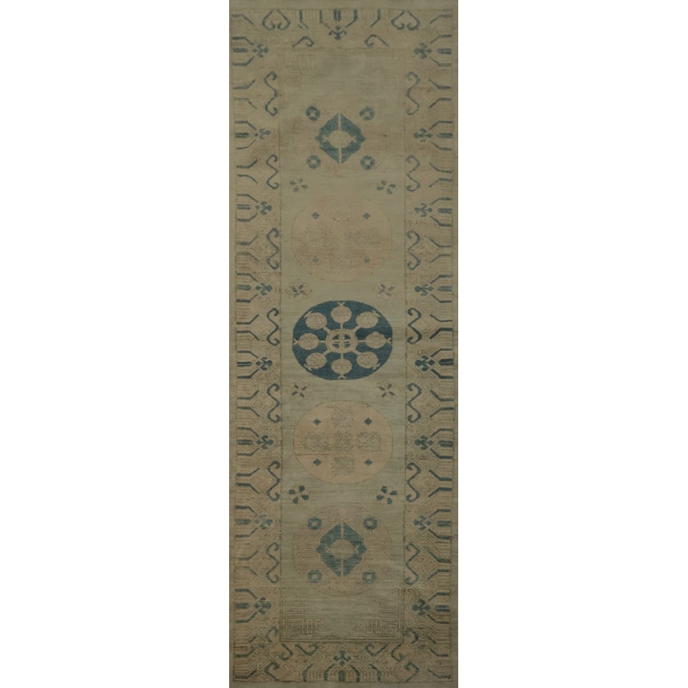 Hand Knotted Oriental 100% Wool Carpet Transitional Geometric Green Khotan Runner Rug - 11' 11'' X 3' 3''