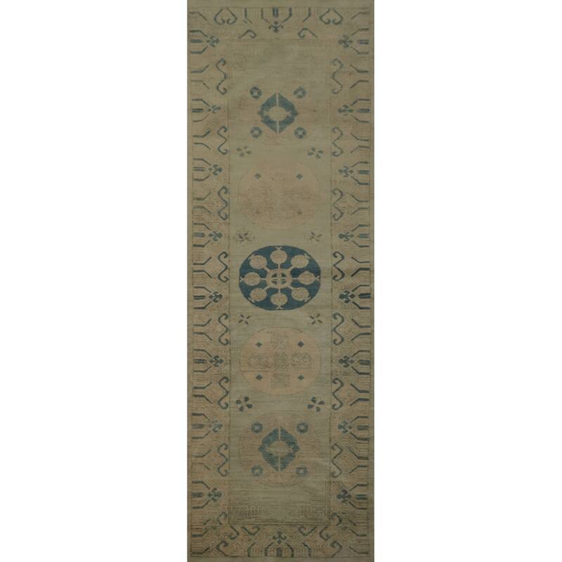 Hand Knotted Oriental 100% Wool Carpet Transitional Geometric Green Khotan Runner Rug - 11' 11'' X 3' 3''