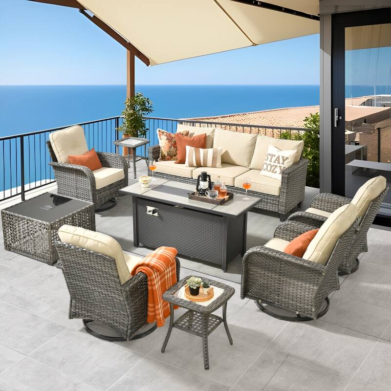 HOOOWOOO 9-piece Grey Wicker Outdoor Fire pit Set with Swivel Chairs - Beige